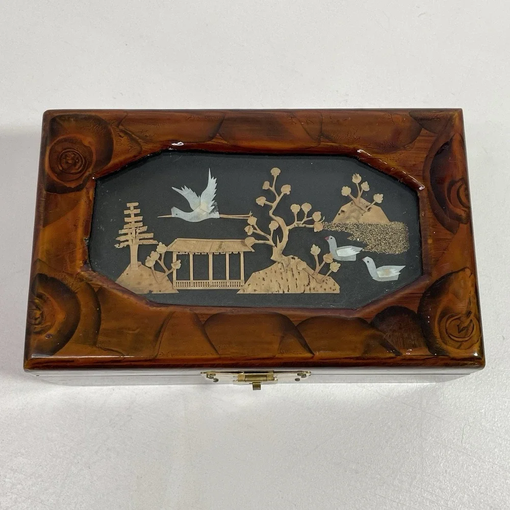 VTG Carved Crane Glazed Wooden Jewelry Trinket Box Red Lining Republic of China